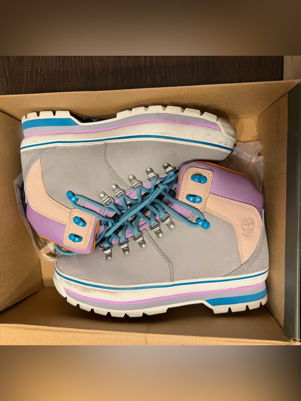 Timberland Gray Lace-Up Boots with Pastel Pink and Teal Accents